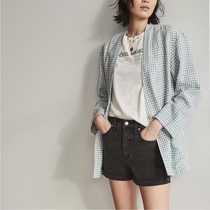 Madewell White Blue Linen Collarless Blazer in Gingham Check